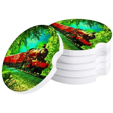 FMSHPON Red Train in The Forest Set of 2 Car Coaster for Drinks, Absorbent Ceramic Stone Coasters Cup Mat with Cork Base for Home Kitchen Room Coffee Table Bar Decor