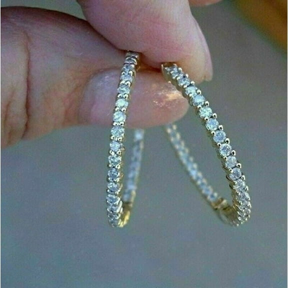 Attractive Women's Hoop Earrings 14K Yellow Gold Plated Silver 2Ct Round Cut Lab Created Diamond