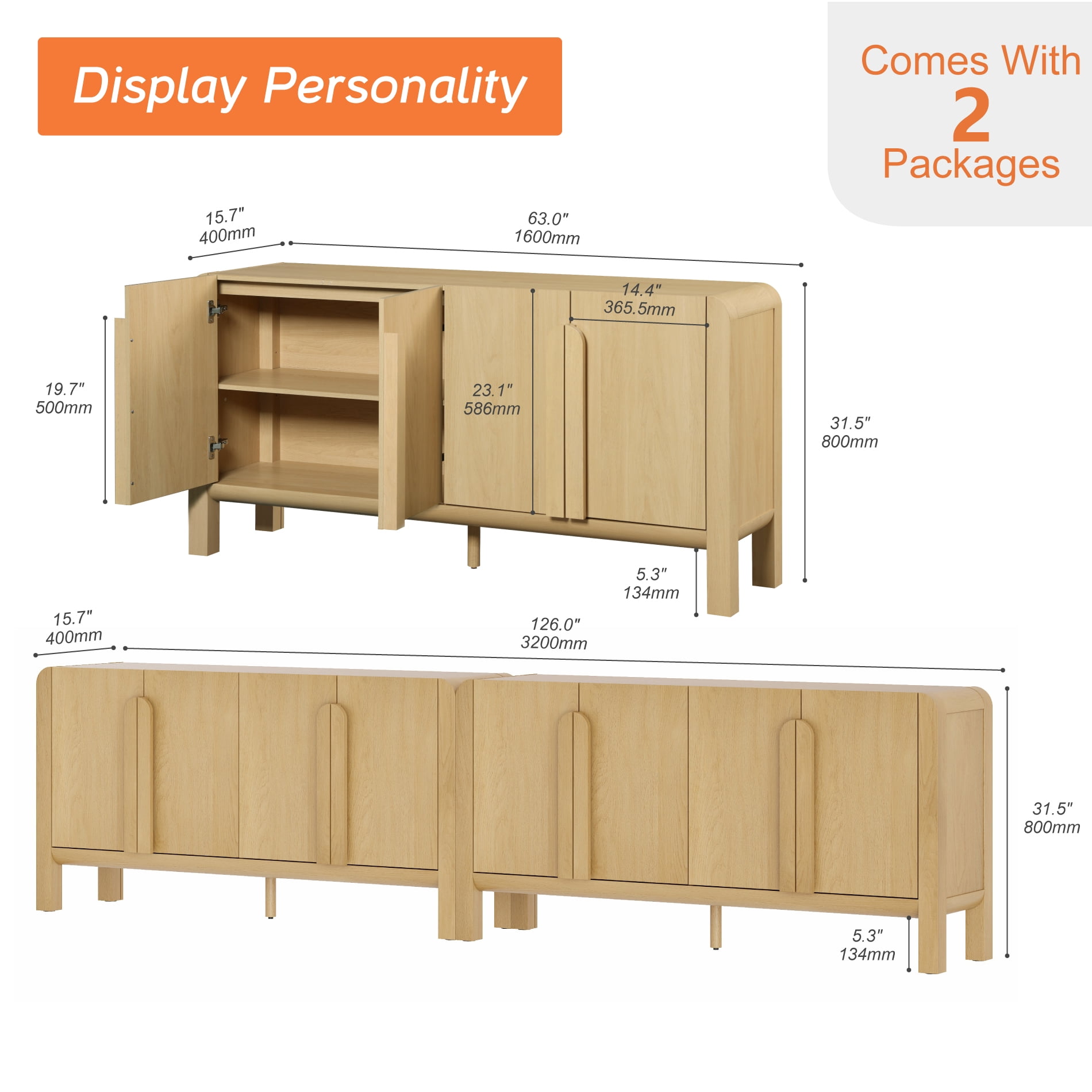 Set of 2 Sideboard Buffet with Storage, Modern 126" Wood Credenza with Doors and Adjustable Shelves for Kitchen，Living Room