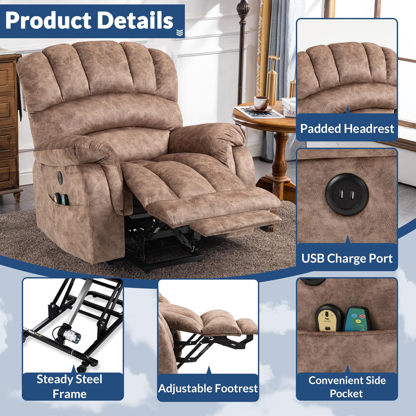 SOCIALCOMFY Large Electric Power Lift Recliner Chair with Extended Footrest for Elderly Big Man, Overstuffed Heated Massage Wide Reclining Sofa with 2 Remote Controls, Side Pockets & USB Ports, Brown