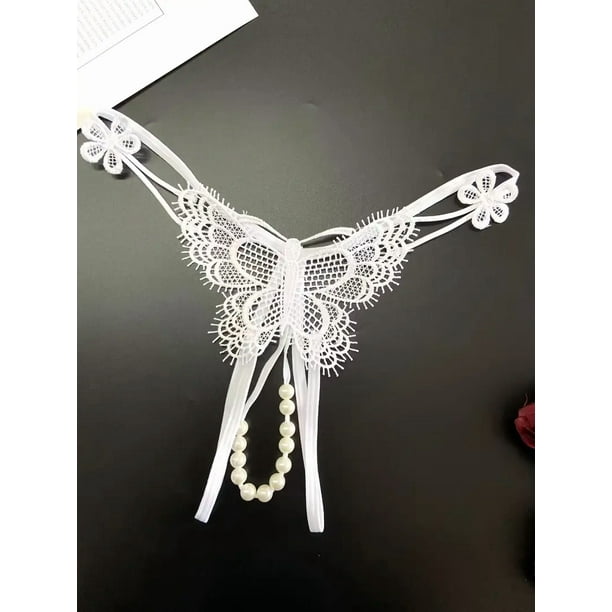 Tangas con bordado de mariposas, bragas de perlas sintéticas con abertura en la entrepierna, lencería y ropa interior sexy para mujer