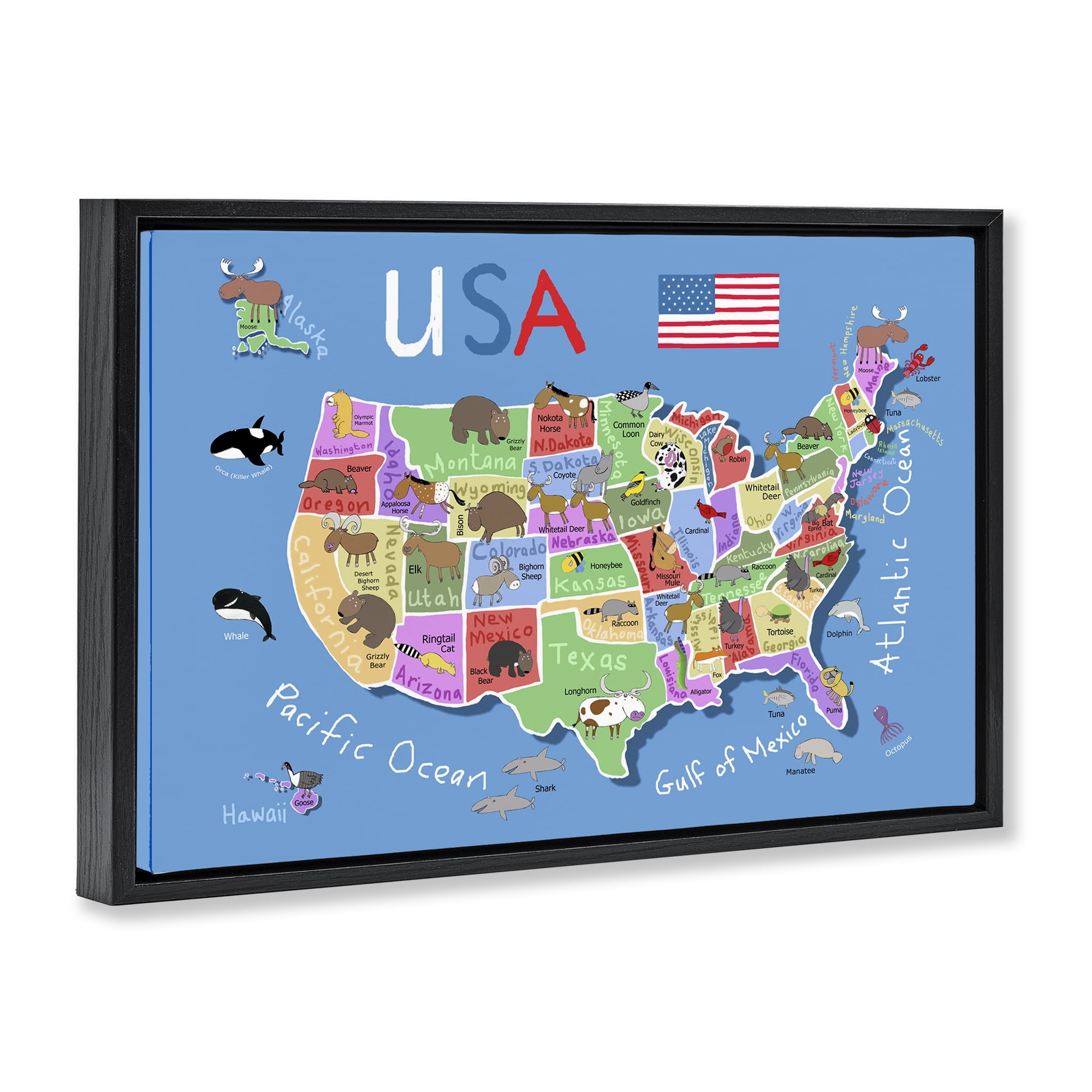Stupell Industries United States Animal Map Town & City Painting Black Floater Framed Art Print Wall Art, 31 x 21