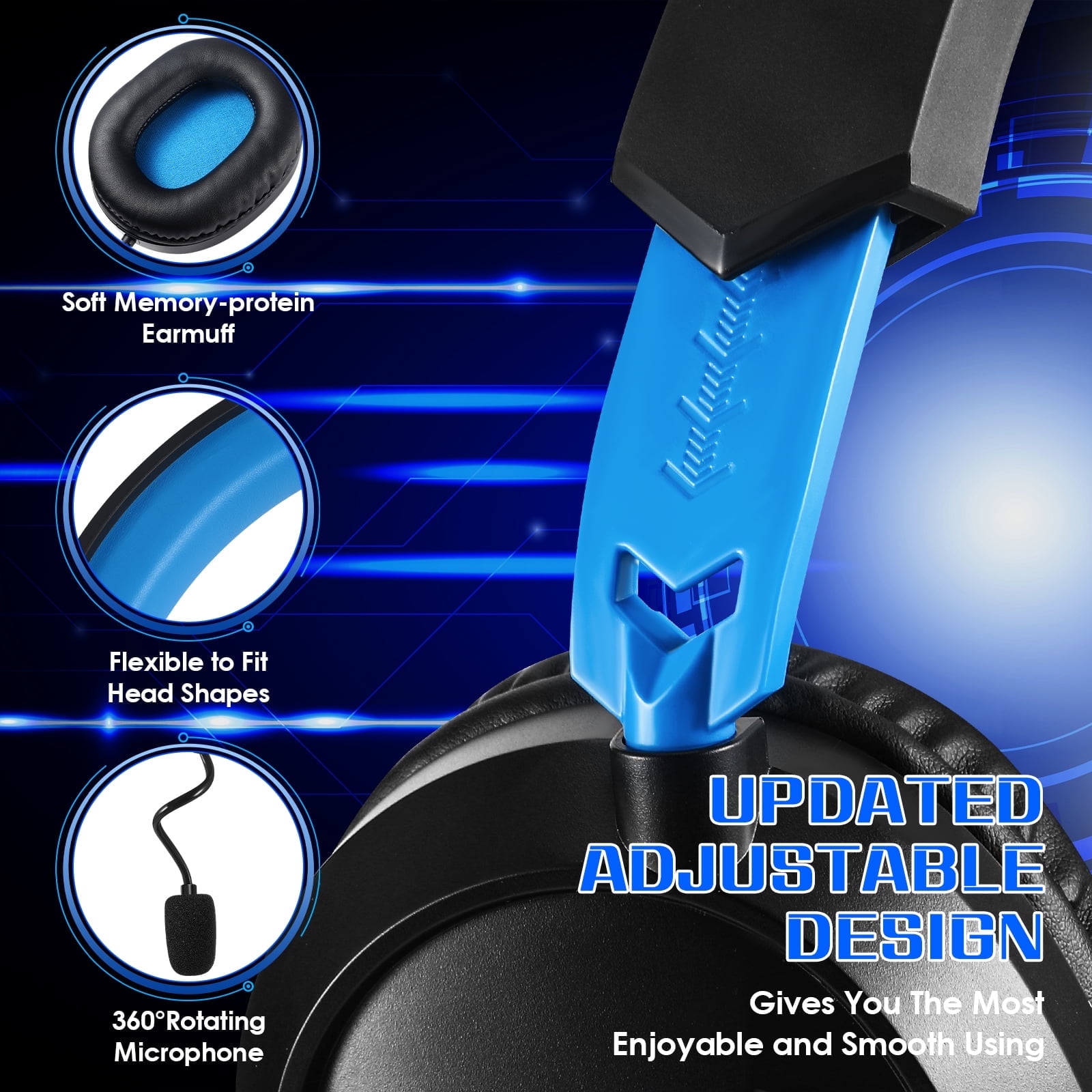 Gaming Headset Wired for PS5 PS4 Xbox One Switch PC, Noise Cancelling Over Ear Headphones with Mic,Stereo Bass Surround,Blue
