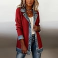 thumbnail image 4 of Textilo Womens Denim Patchwork Collared Shirt Jacket Ribbed Knit Button Down Jackets Lapel Collar Long Sleeve Denim Spliced Jean Shacket Soft Loose Fit 2026 Winter Fall Casual Wear,Red M, 4 of 5