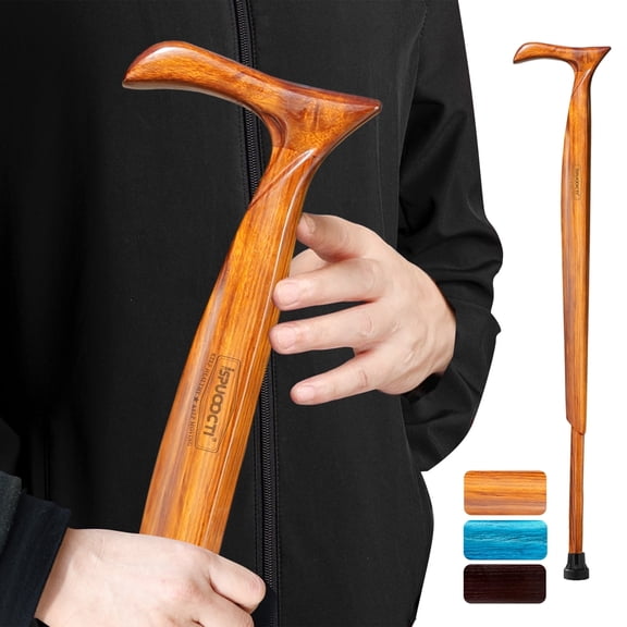 ispuoocti Wooden Walking Cane for Men and Women -Natural Solid Wood, 3 Rubber Tips, Heavy Duty, with Travel Bag- Wooden Walking Stick, Ergonomic Canes for Seniors Unisex Walking Canes