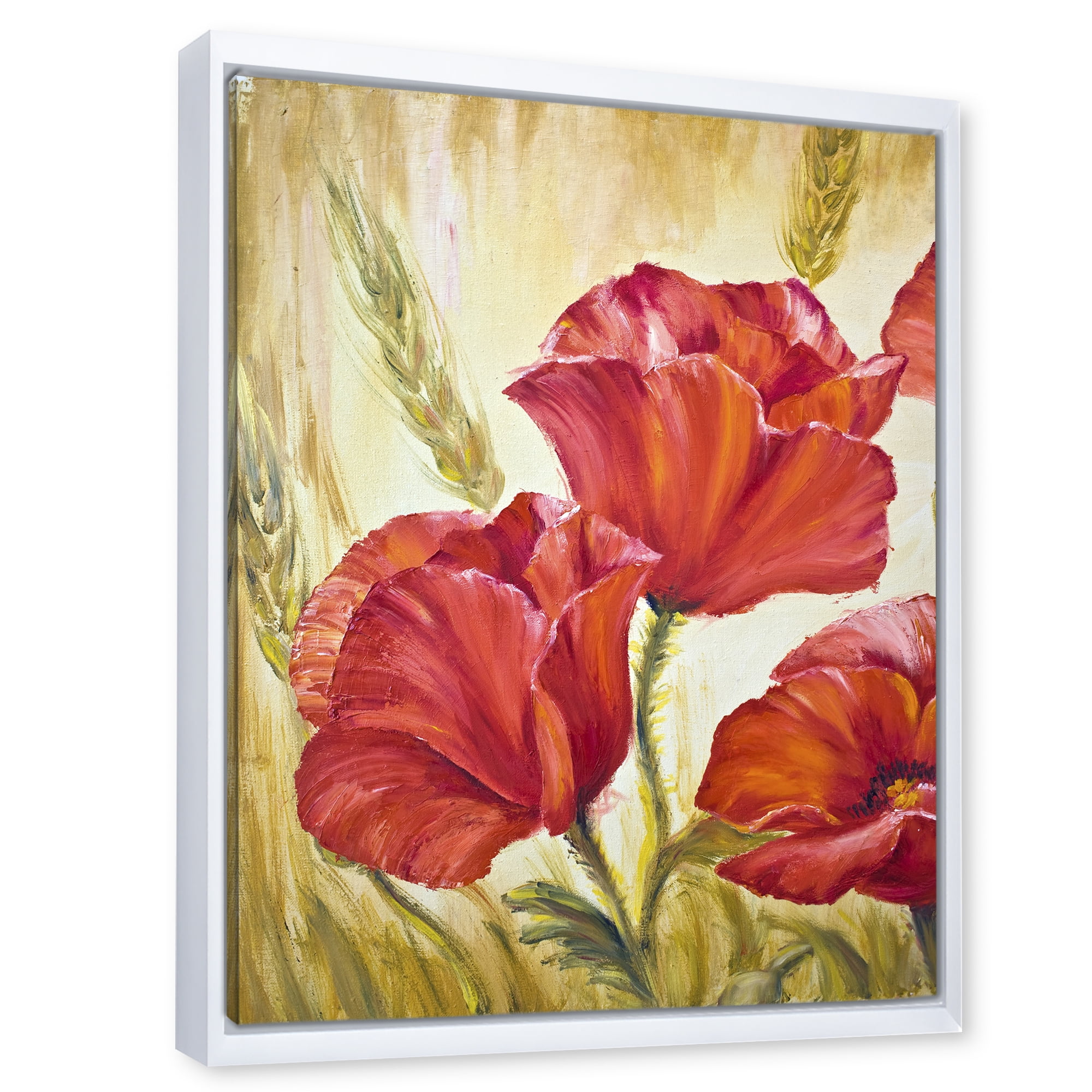 Blossoming Red Poppies In Wheat Fields II 12 in x 20 in Framed Painting Canvas Art Print, by Designart