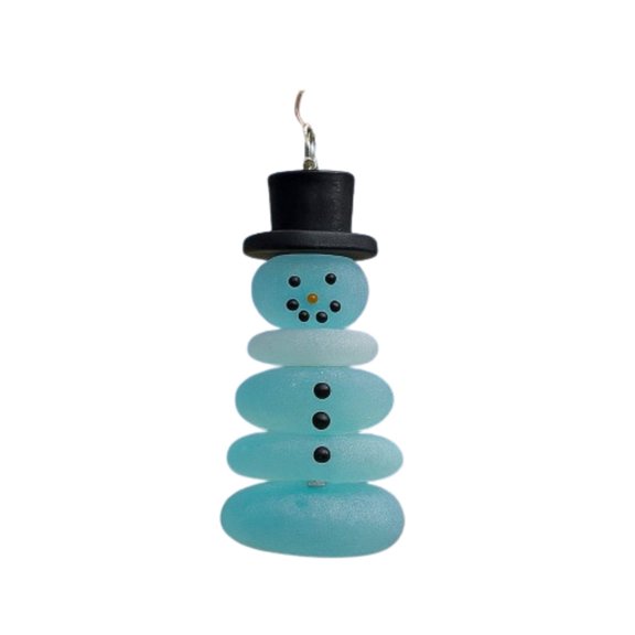 A Snowman Sea Glass Ornament For Christmas Tree With Handmade Glass Material