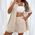 thumbnail image 2 of Yanlir Womens Solid Color Short Sleeve Button Down Shirt with Elastic Waist Pants Set Comfortable Two Piece Outfit with Pockets for Daily Wear(Beige,3XL), 2 of 7