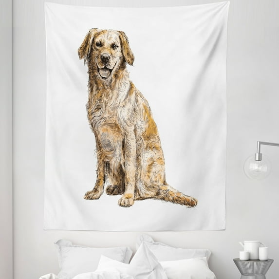 Yellow Lab Tapestry, Detailed Sketchy Drawn Labrador Retriever Sitting Tongue Out, Fabric Wall Hanging Decor for Bedroom Living Room Dorm, 5 Sizes, Pale Brown Peach and White, by Ambesonne