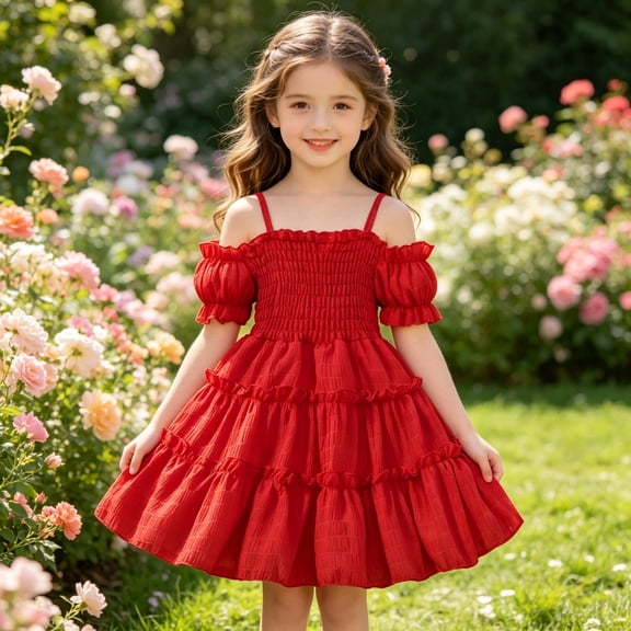 DAETIROS Toddler Girl Pleated Sundress, Puff Sleeve Plain Crew Neck Beach Sundress Short Sleeve Girls Dress Red Size 3-4T