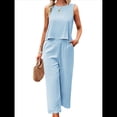 thumbnail image 3 of Conjunto de Dos Piezas de Verano para Mujer: Top Corto Sin Mangas con Cuello Redondo y Pantalones Anchos con Bolsillos. Azul S, 3 of 10