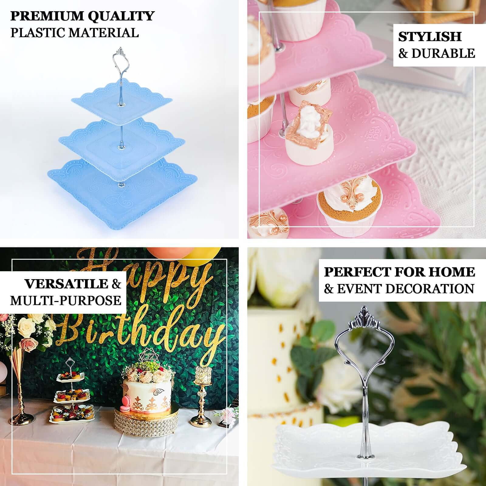 Efavormart 13" | 3 Tier Floral Print Cupcake Stand, Pink Square Dessert Tray Display Holder with Wavy Edges - Plastic
