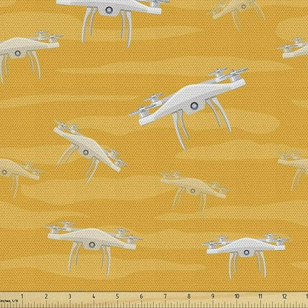 Image of Ambesonne Sky Fabric by The Yard Flying Drones with 4 Propellers and Mounted Camera Modern Technology Decorative Fabric for Upholstery and Home Accents 1 Yard Orange Grey