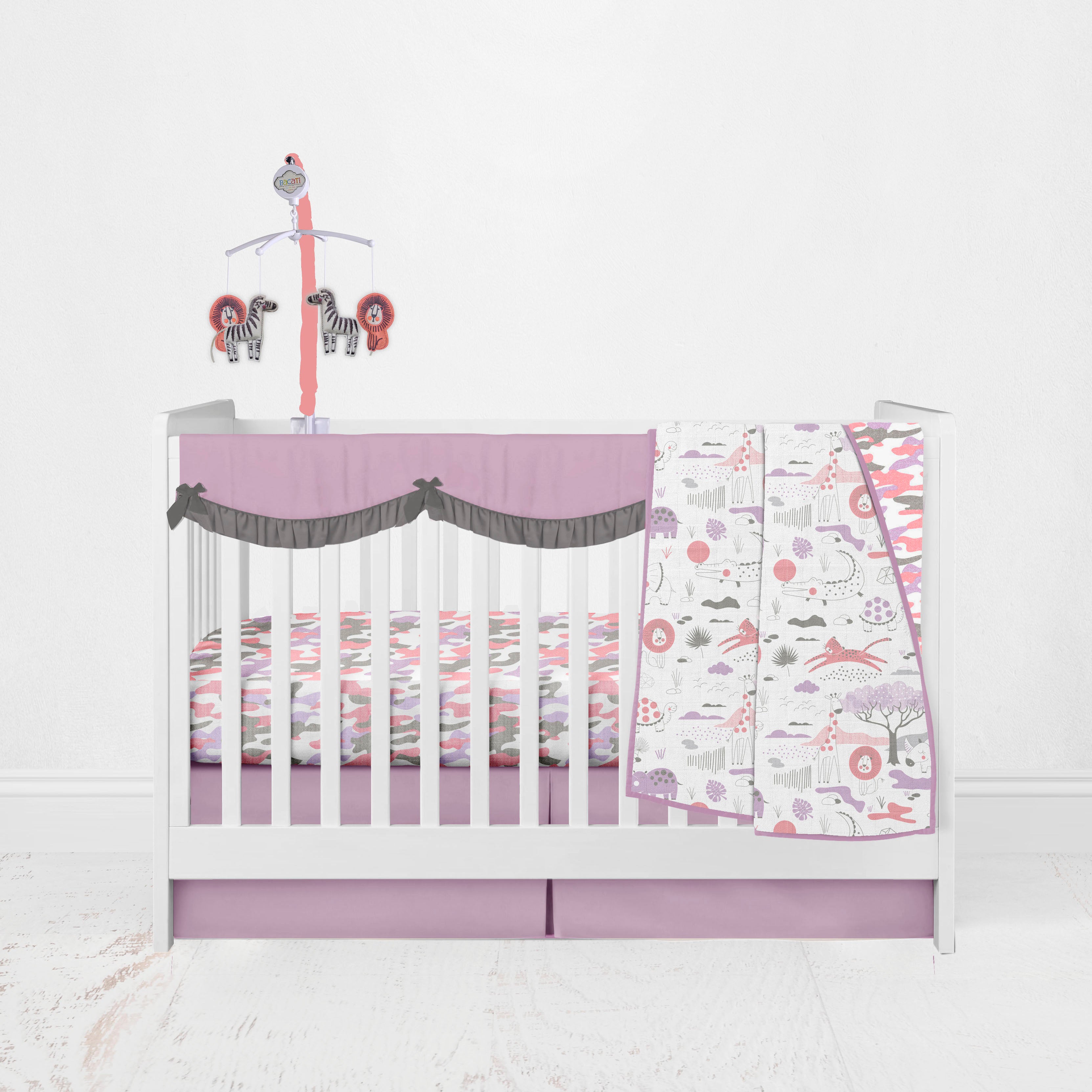 Bacati - Jungle Safari Girls Aqua/Lilac/Coral Musical Baby Crib Mobile