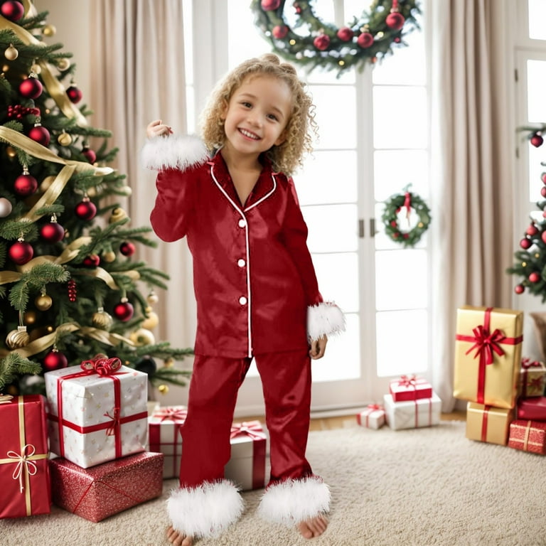 Girls Christmas Pjs Pijamas Para NiñAs Satin Pajamas for Girls – Coat Style  Long Sleeve Silky Button Down PJ Set Christmas Sleepwear Red 7-8 Years