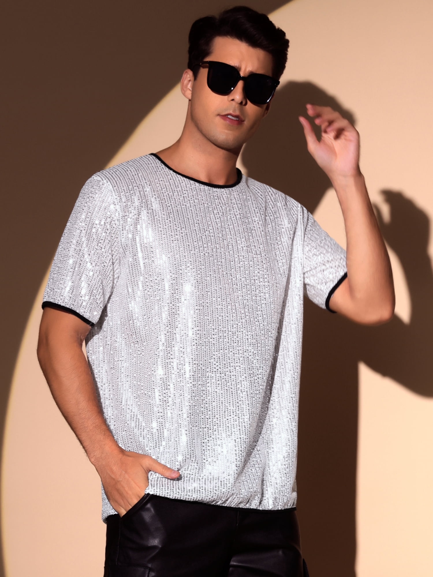 DARING DIVA Men's Short Sleeved Club Rave Party Sparkly Shiny Top S Silver