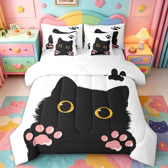 jejeloiu Cute Cat Paw 7-Piece Twin Bedding Sets Kids,Kawaii Animal Footprint Simple Black White Bedding Comforter Set For Girls,Reversible