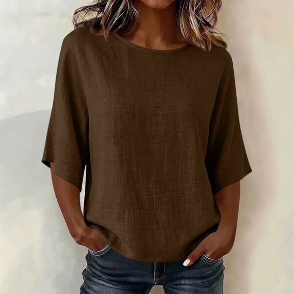 Warop Women's Solid Cotton Linen Feel Crew Neck 3/4 Sleeve Top Lightweight Casual Loose Blouse Pullover for Daily
