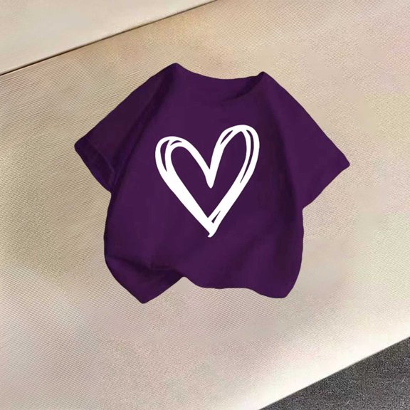 Kids Girls Purple Heart Print T-Shirt Soft Cotton Crewneck Casual Graphic Tee,Size 5 T