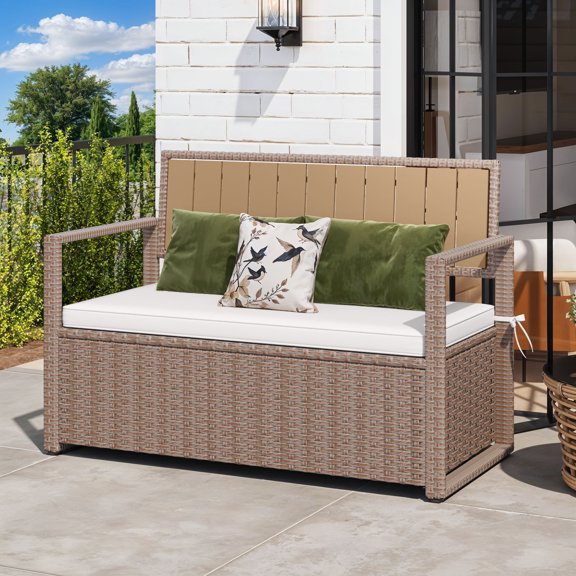 Craftian 70 Gallon PE Rattan Patio Deck Box, All-Weather Outdoor Storage Bench, Beige