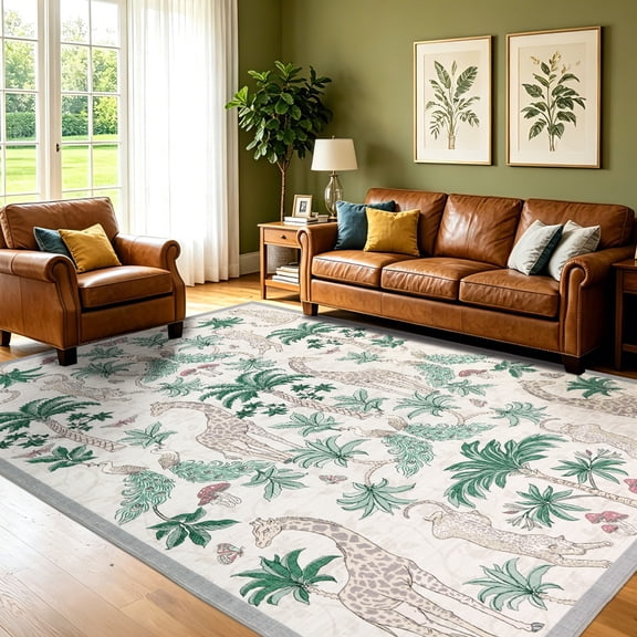 Jungle Animal Area Rug, Washable Non Slip Low Pile Carpet for Living Room or Bedroom