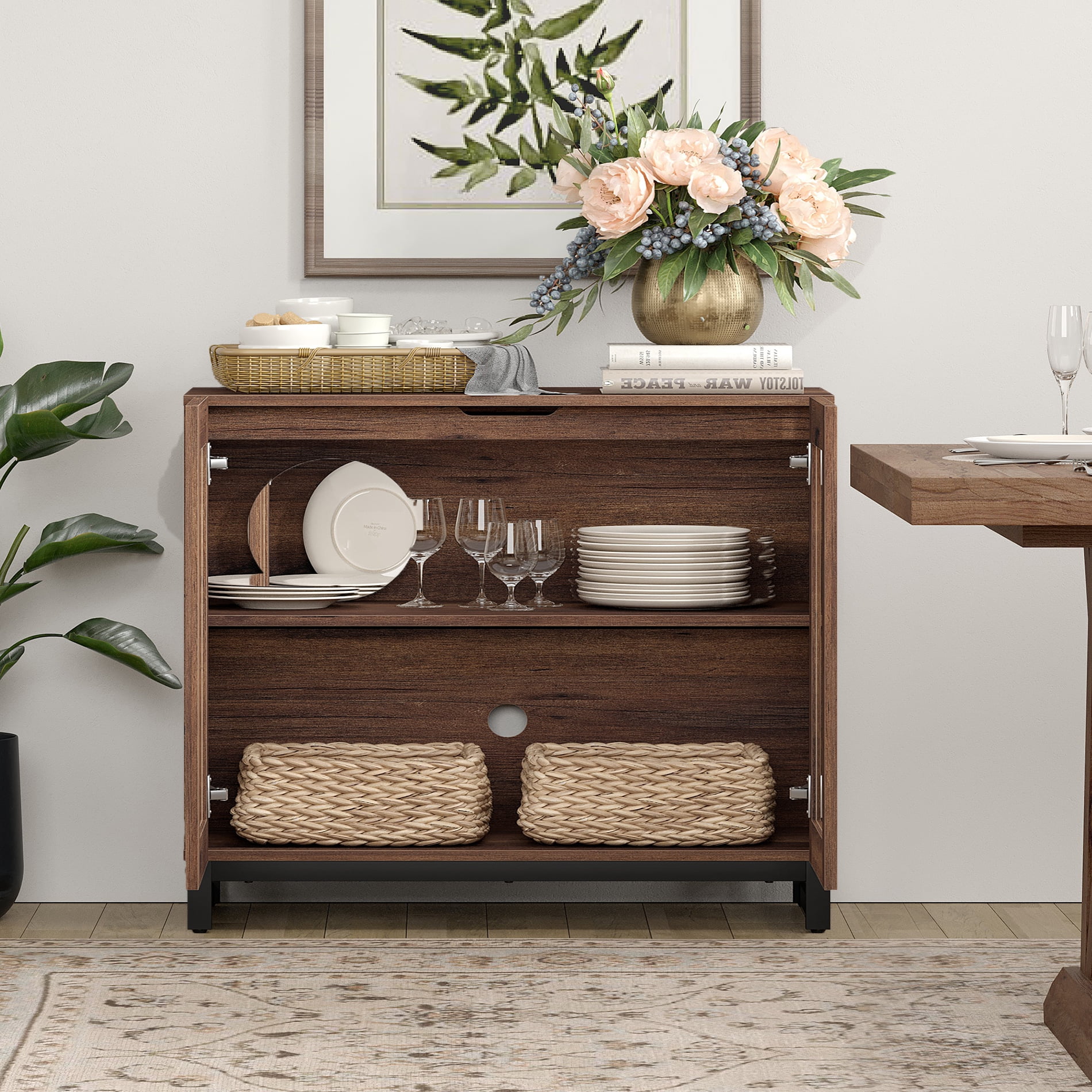 WAMPAT 3-in-1 Multifunctional Modern Sideboard Buffet with Glass Doors and Drawers, Adjustable Shelf & Metal Base for Coffee Bar & Storage Credenza