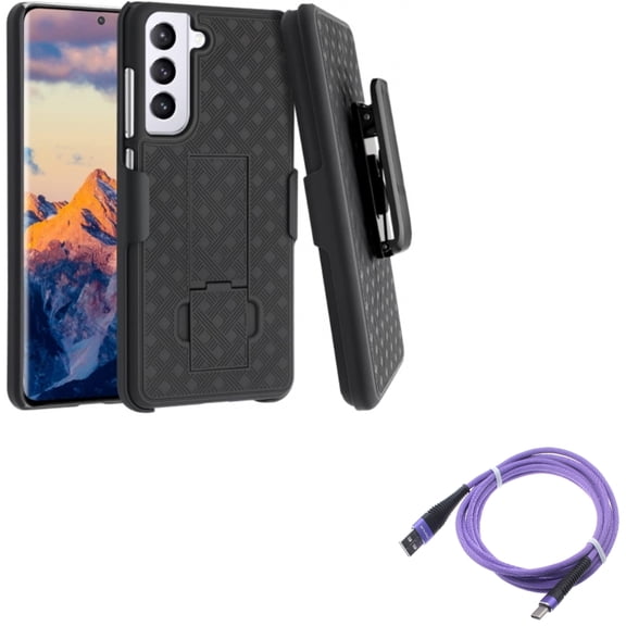 Case Belt Clip w 10ft USB-C Cable for Samsung Galaxy S21 FE 5G - Holster Swivel Cover, Purple Type-C Charger Cord