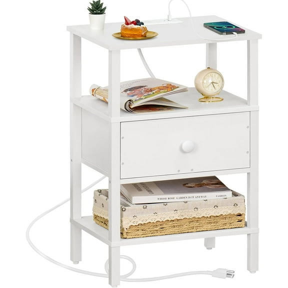 Nightstand with Charging Station and USB Ports, 3-Tier Storage End Table with Drawer Shelf, Night Stand for Small Spaces, Wood Bedside Table for Living Room, Bedroom - Elegant White
