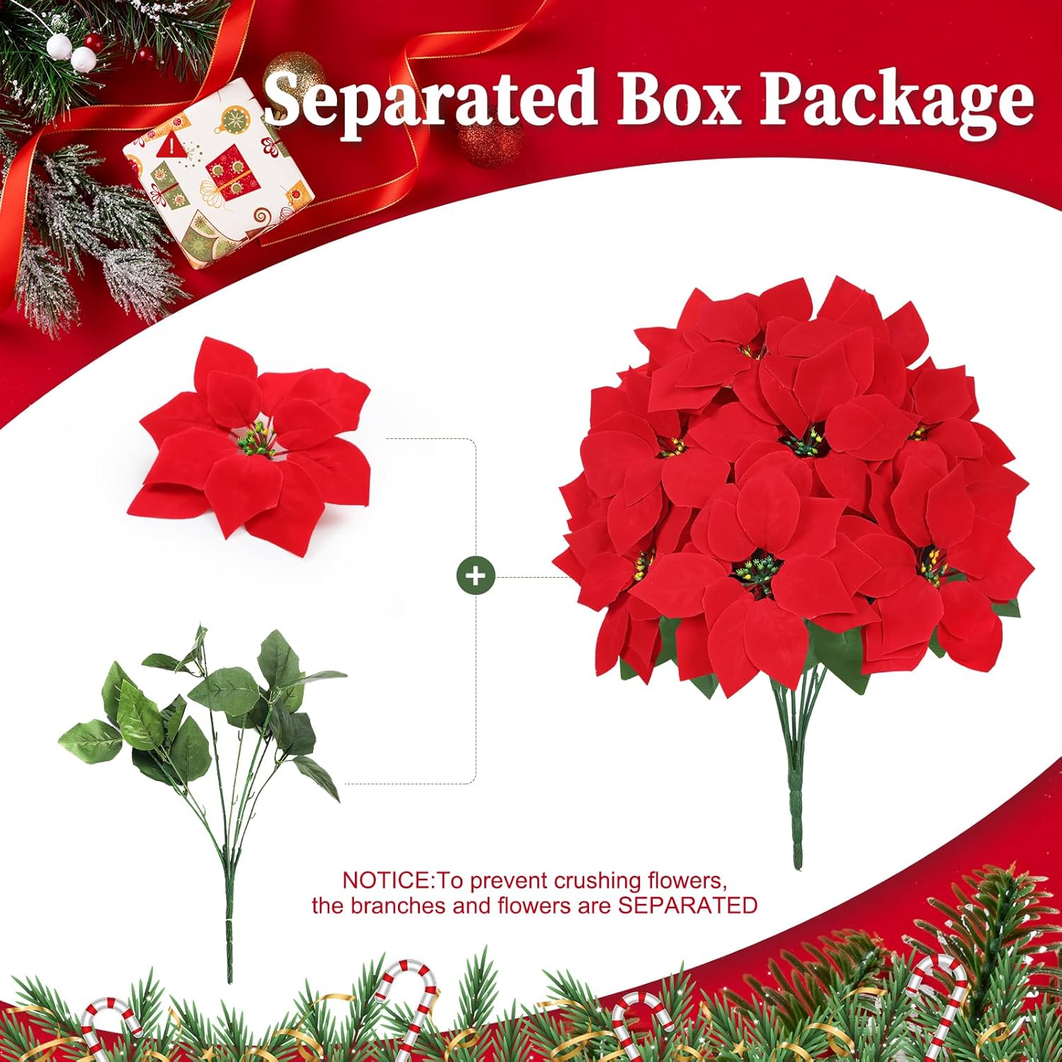 6 Pack Artificial Poinsettia Bushes, Red 7 Stems Velvet Poinsettia Floral, Christmas Artificial Poinsettia Flowers for Indoor Outdoor Christmas Xmas Tree Ornament Home Porch Decorations