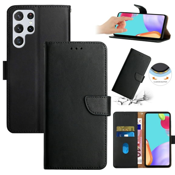 Compatible with Samsung Galaxy S23 Ultra Vintage Wallet || Real Leather Wallet Phone Case || Genuine Leather with Viewing Stand & Card Holder || Magnetic Flip Folio Cover with Card Slot, Black