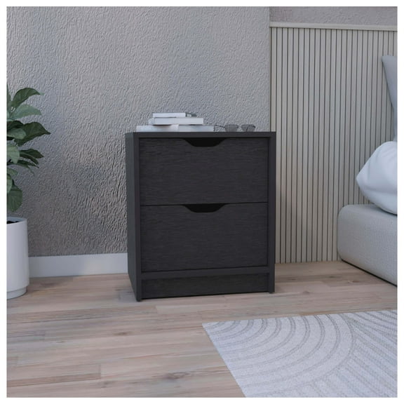 Nightstand with 2 Drawers, 19 Inch Bedside Table, Black - Modern End Table with Easy Pull-Out Drawers for Bedroom, Living Room