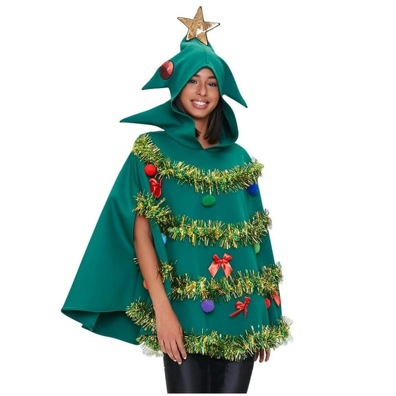 Xfvqtps Christmas Tree Poncho Adults Bow Ball Decor Hooded Cloak Cape Party Prop for Party Green