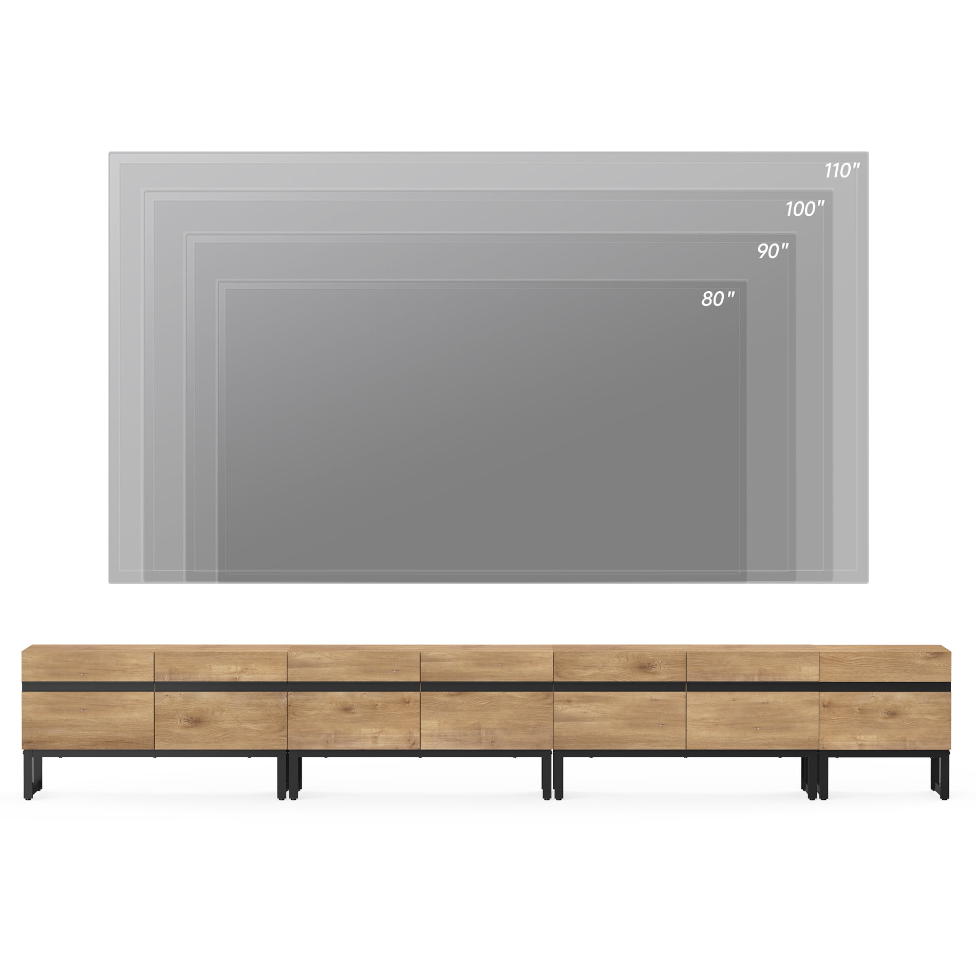 WAMPAT Modern TV Stand for 110 inch TVs, 4 in 1 Entertainment Center with Storage Cabinets and Metal Base, Living Room Media Console, Oak, 124''