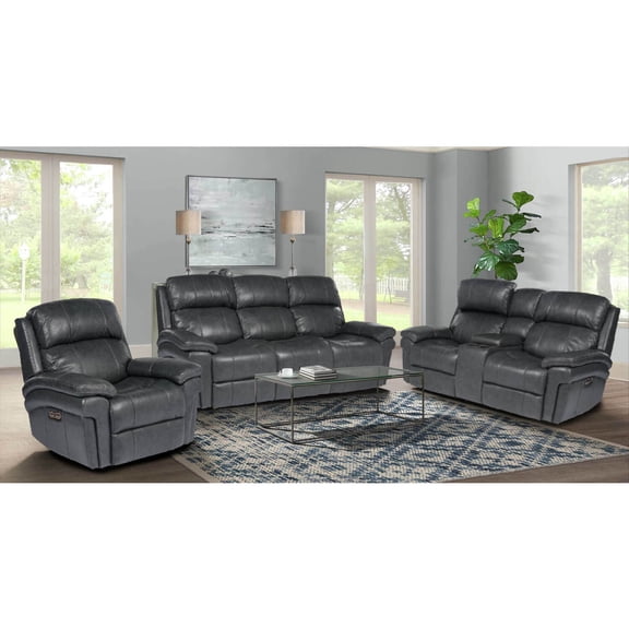 Leather Reclining Living Room Set - 3 Piece Power Sofa, Loveseat & Chair - Gray Home Theater Seating