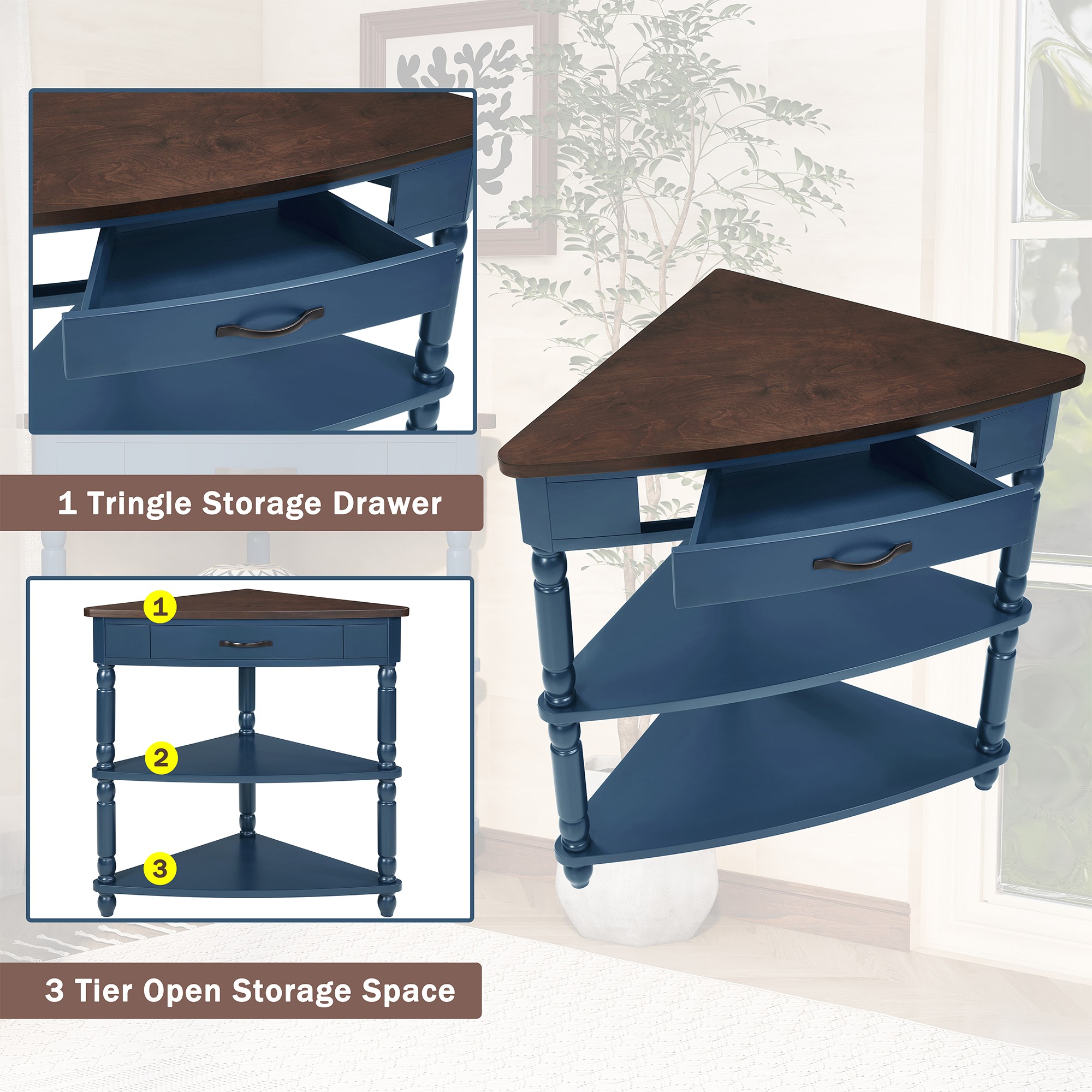 Aukfa 3 Tier Corner Table with Drawer, Triangle End Table for Entryways, Hallways, and Small Spaces, Navy Blue