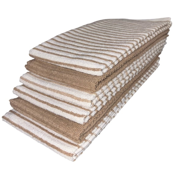 Six Pack, Horizontal Stripes, Four Stripes, and Two Plain Terry Kitchen Towels. Highly Absorbent, Maximum Softness and Machine Washable. Size: 16 x 26 inches.