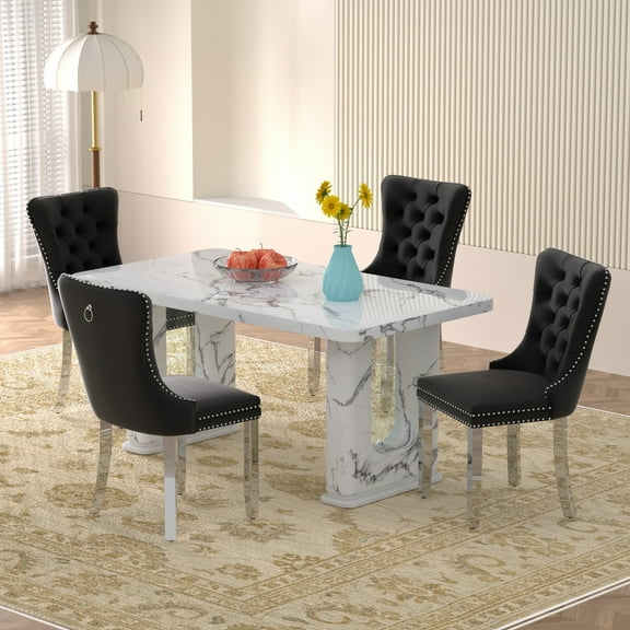 Sumdeal 64.5" Modern Faux Marble Dining Table Room Sets for 4,Dining Table with 4 Velvet Dining Chairs,Faux Marble Table with 4 Black Dining Chairs with Silver Leg