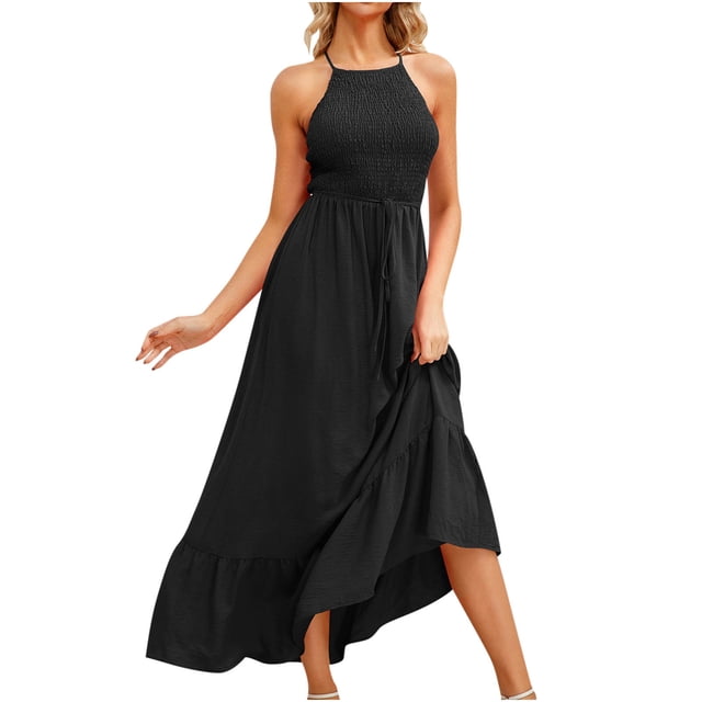 Besolor Robes d'Été pour Femmes Sans Manches Dos Croisé Smocké Dos Nu à Volants Robe Longue Fluide de Plage Vacances