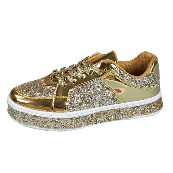 YOUSNH Women's Leather Platform Casual Shoes Bright Top Fashion Low Top Lace up Sneakers Women Sneakers Gold_001 8.5