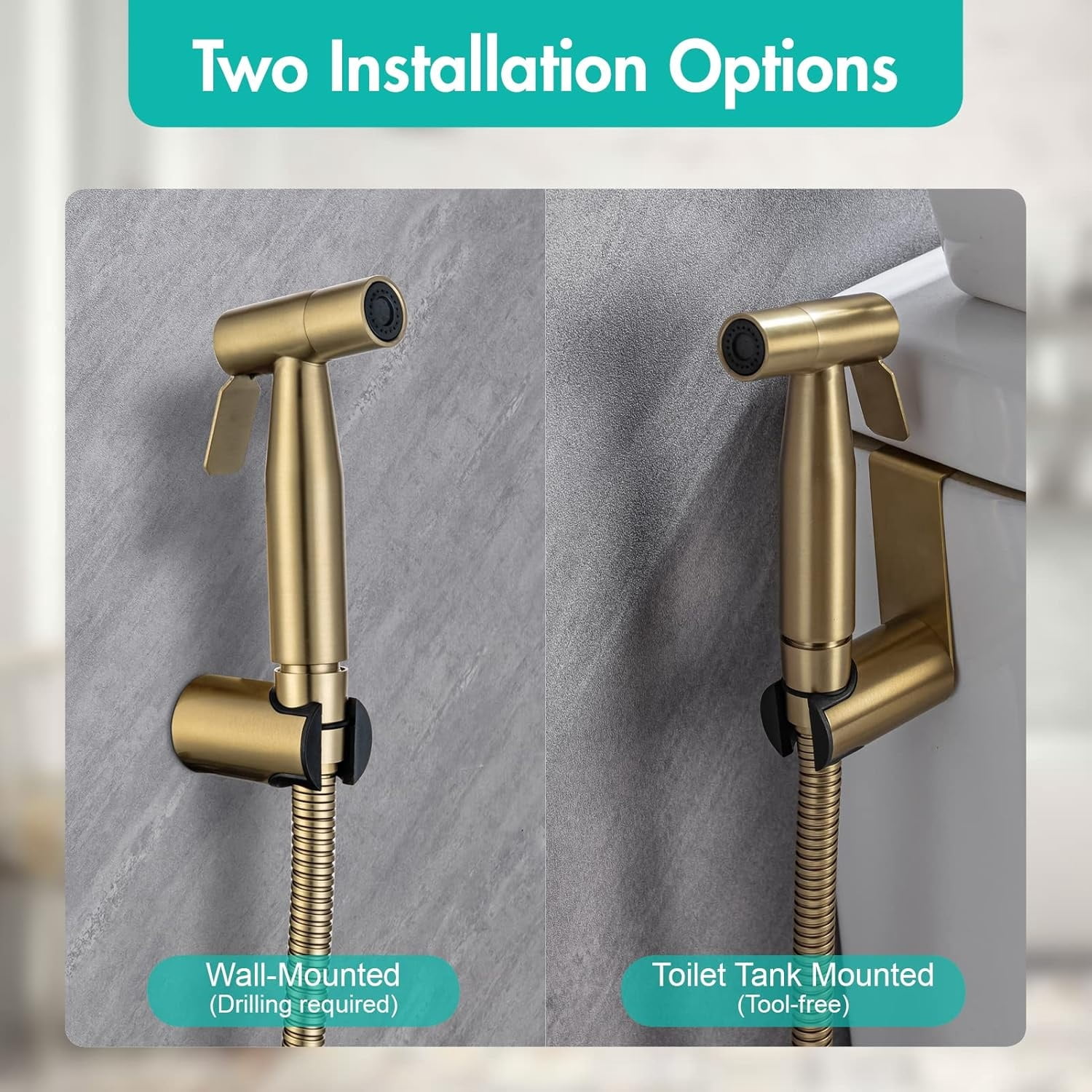 Handheld Bidet Sprayer for Toilet, Stainless Steel Metal Made Baby Cloth Diaper Spraying Kit, Bathroom Toilet Bidet Attachment Set for Bathing Pets and Feminine Hygiene, Brushed Brass Gold