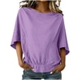 thumbnail image 2 of Xdegoge Short Batwing Sleeve Blouses for Women Cotton Linen Round Neck Summer Tops Casual Elastic Waist Relaxed Fit Shirts Lightweight Breathable Boho Style Tunic Tops for Women, 2 of 9