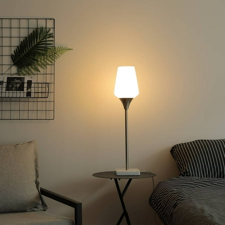 Table Lamps With Glass Shades LED Table Lamp with Opal Tulip Glass Shade & Real Marble Base In Brushed Nickel Finish, 8W (600LM) Output, CCT 3000K, ETL Listed ()