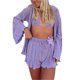 thumbnail image 3 of VISgogo Conjunto de ropa informal para mujer Sujetador de camisa de manga larga con textura fruncida de color sólido con pantalones cortos de cintura elástica VISgogo moda, 3 of 8