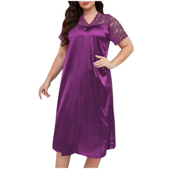 Nightgowns Sleep Shirt Dress Clearance Womens Satin Silk Nightgown Loose Fitted Sleepwear Lace Patchwork Nightshirt Short Sleeve Sleep Dress Chemise Sleepwear New Purple XXL