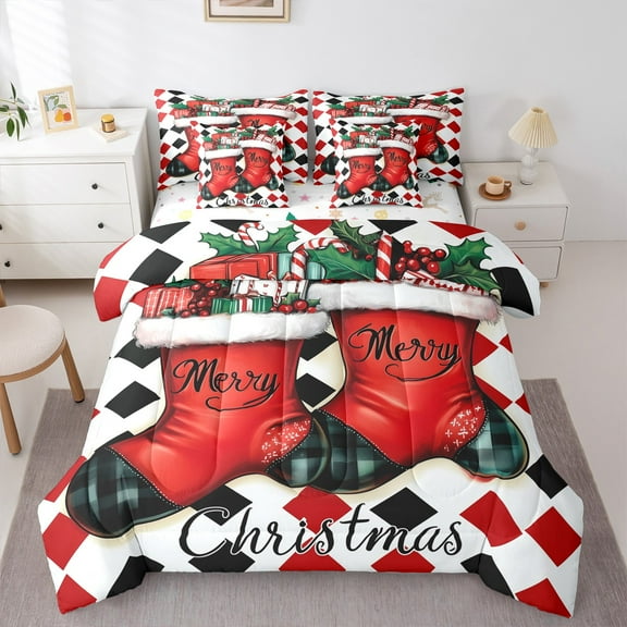Manfei Santa Claus Cocks Twin Bedding Sets 7-Piece for Teens, Red Buffalo Geometric Bedding Comforter Set, Mery Christmas Reversible Sheet Sets, Super Cozy Room Decor