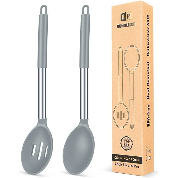 Bundlepro Pack of 2 Silicone Slot and Solid Cooking Spoons,Non Stick Basting Serving Utensil, Gray