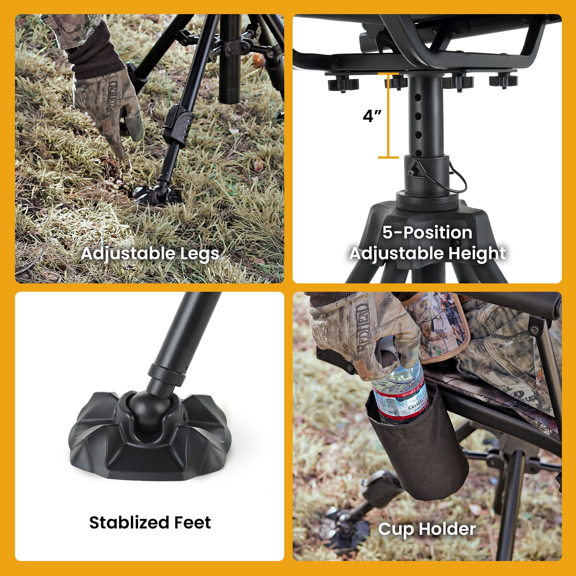 ARROWHEAD OUTDOOR Wide Folding 360° Hunting Swivel Blind Chair with Removable Camouflage Seat Pad, Armrest, No-sink Feet, Shoulder Strap, Mesh Chair, Adjustable Height