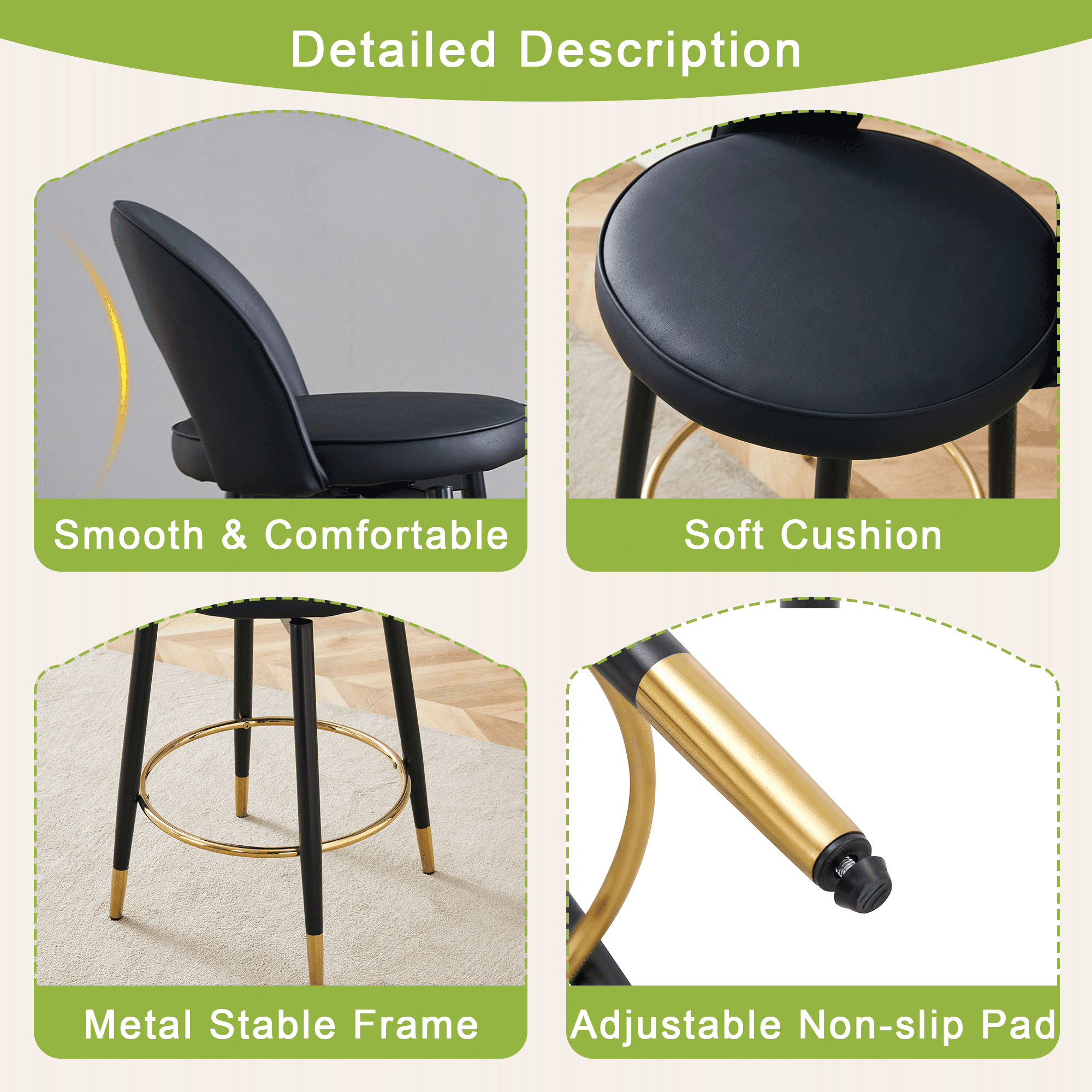 Noble House 360° Rotatable PU Bar Stool Set of 2,Comfortable Cushioned Seat,Black