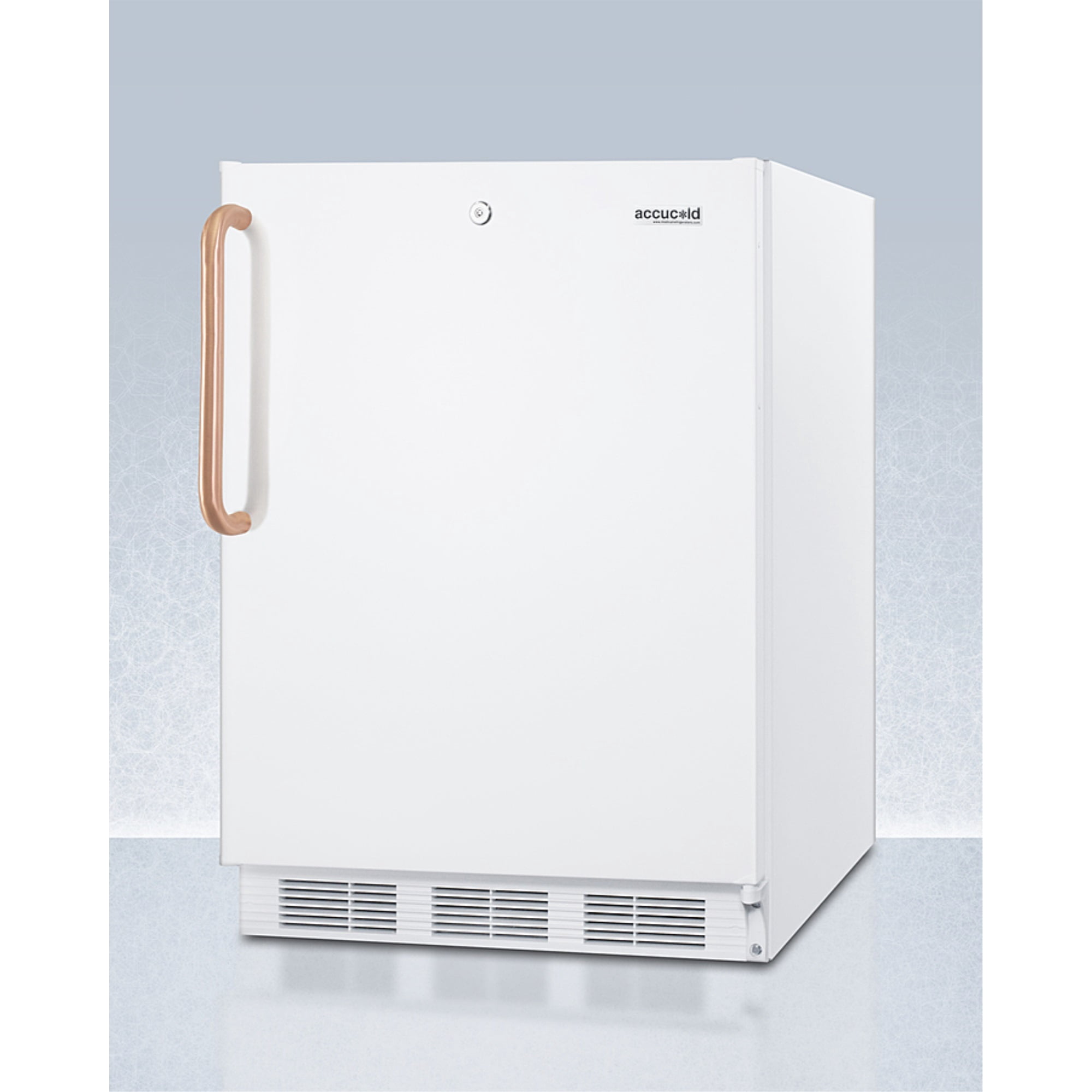 ADA compliant commercial all-refrigerator for freestanding general purpose use, auto defrost w/lock, copper handle, and white finish