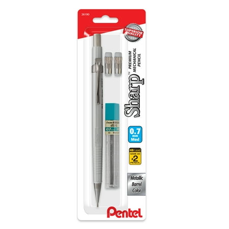Pentel Sharp Metallic Mechanical Pencil, .7mm point with Lead and Erasers